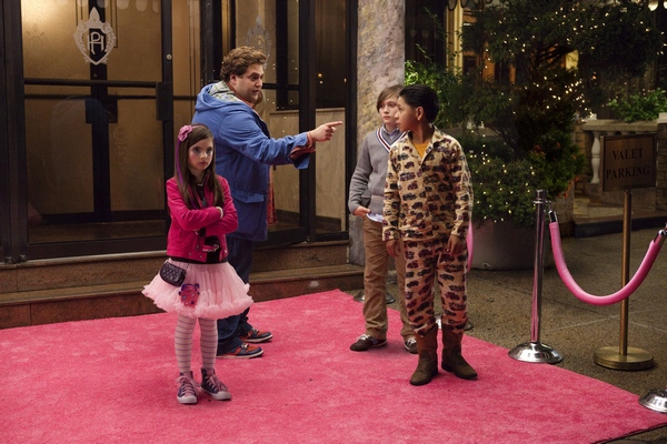 Noah (Jonah Hill), the world’s worst babysitter, delivers a stern warning to his unruly charges -- Blithe (Landry Bender, left), Slater (Max Records) and Rodrigo (Kevin Hernandez).