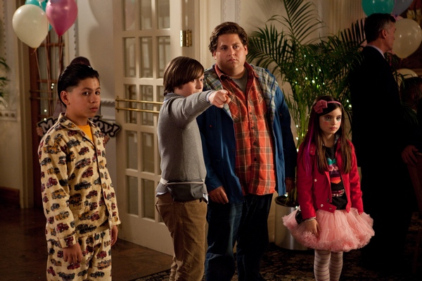 Noah (Jonah Hill), the world’s worst babysitter, and his young charges Rodrigo (Kevin Hernandez, left), Slater (Max Records) and Blithe (Landry Bender), take in the sights of a soon-to-be-out-of-control bar mitzvah.