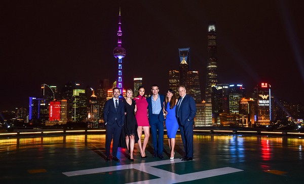 Producers of Warner Bros. Pictures' Wonder Woman Zack Snyder, Deborah Snyder, Stars Gal Gadot, Chris Pine, Director Patty Jenkins and producer Charles Roven take in the beautiful Shanghai skyline while on tour in China on May 15, 2017.