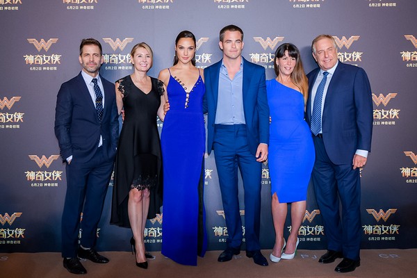 Producers zack Snyder, Deborah Snyder, Stars Gal Gadot, Chris Pine, Director Patty Jenkins and producer Charles Roven on the red carpet at Warner Bros. Pictures' Wonder Woman Fan and Press Event in Shanghai, China on May 15, 2017.